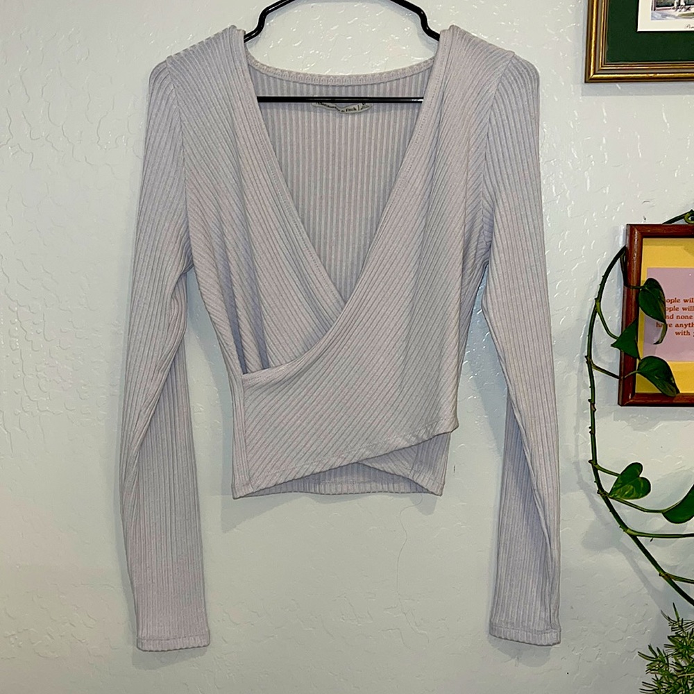 Grey ribbed wrap-style top